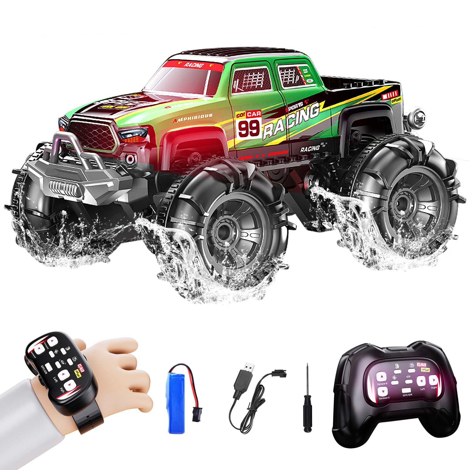 ROUSKY Remote Control Amphibious Monster Truck, 2.4GHz Dual Control with Watch & Controller, 360° Rotating RC Car with LED Lights, Racing Green (Green)