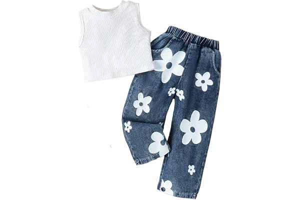 Toddler Girl Clothes Sleeveless Tank Top Shirt and Jeans Pants Kids 2Pcs Summer Outfits Clothing Set