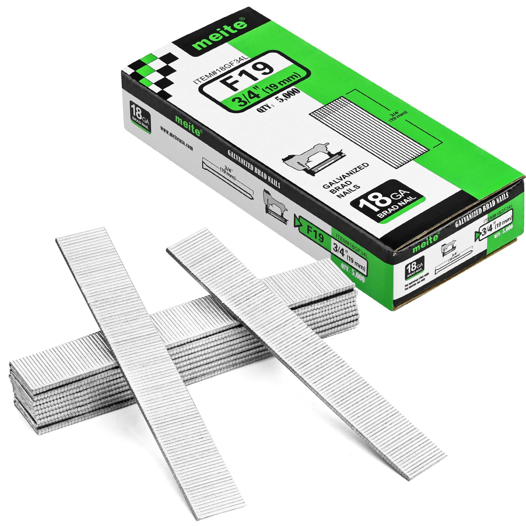 meite 18 Gauge Brad Nails, 19 mm 18G Brad Nails for Nail Gun, Galvanised Small Finishing Nails for Joinery, Trim Work (5,000 Counts)