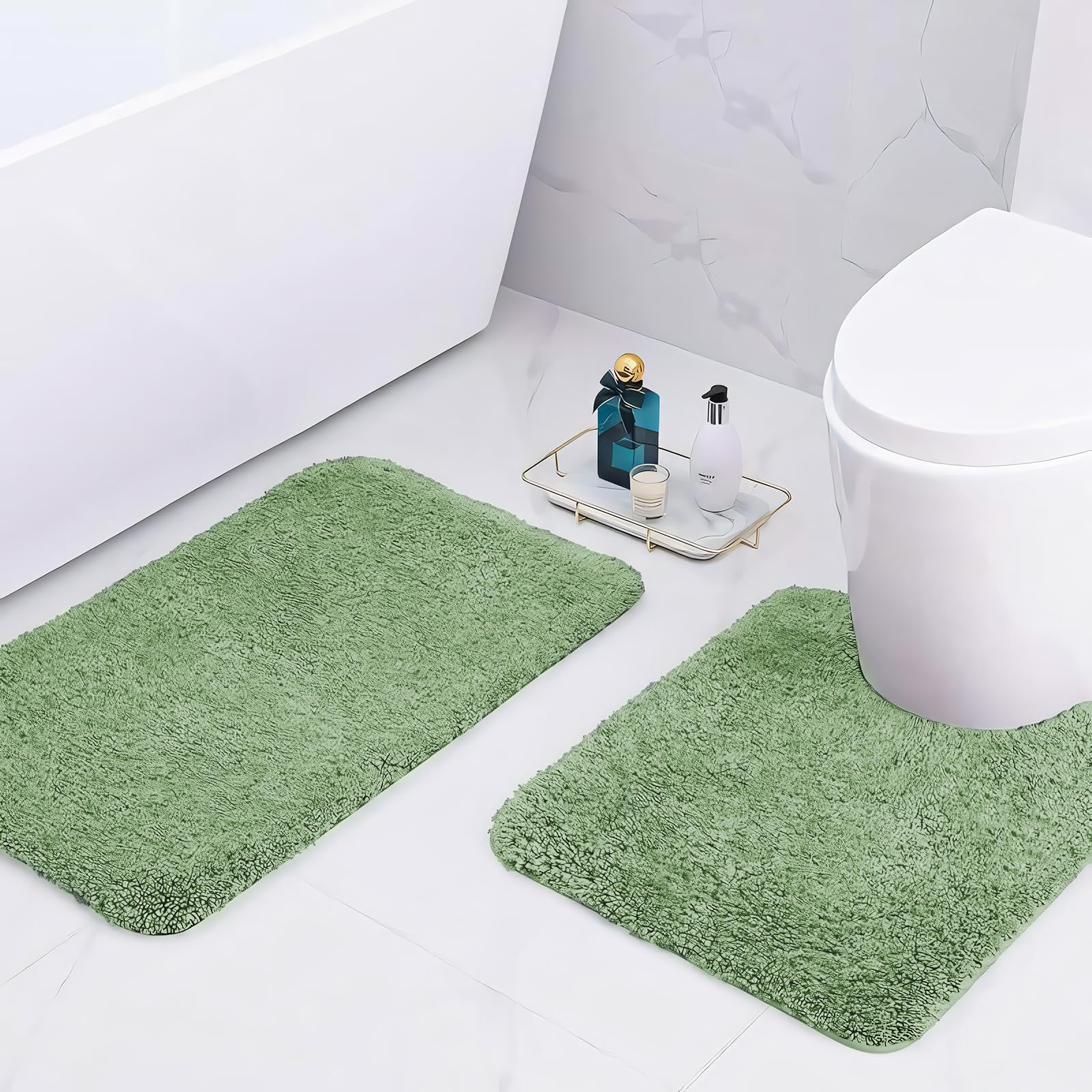 wyewye Microfibre Bath Mats, 2cm Super Thick Bath Rugs, Super Absorbent Bathroom Rugs 50x80cm and 50x50cm U-shape, Light Green