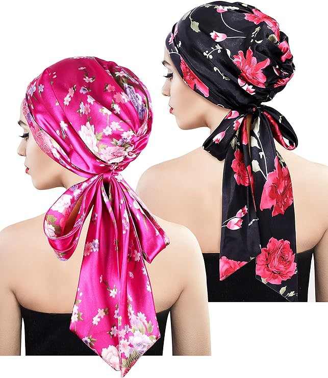 2 Pieces Soft Satin Head Scarf Sleeping Cap Headwear Head Cover