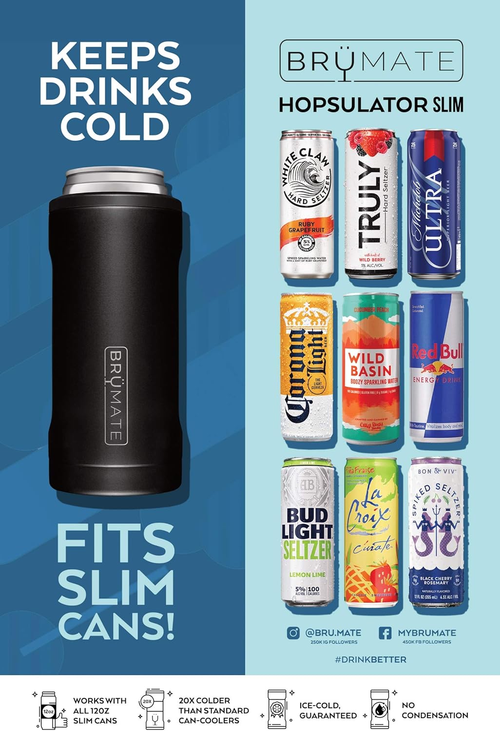 BrüMate Hopsulator Slim Double-walled Stainless Steel Insulated Can Cooler for 12 Oz Slim Cans (Matte Navy): Kitchen & Dining