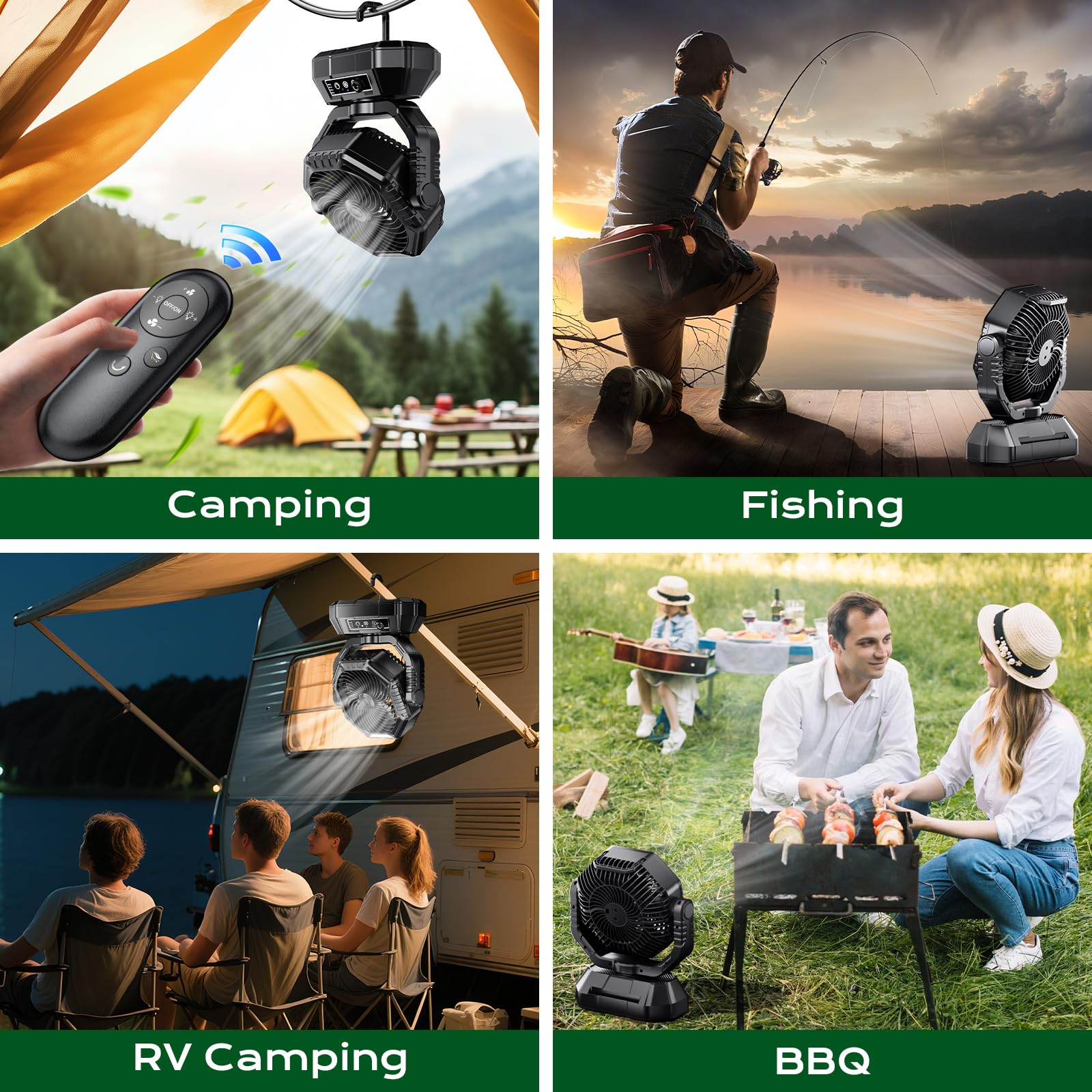 HAWANA Portable Fan Rechargeable，20000mAh Camping Fan with 360° Airflow, Battery Powered Ventilador Recargable with Stepless Wind Speeds, 3 Timing, Hanging Hook for Camping, Tents, BBQ, Fishing-Black