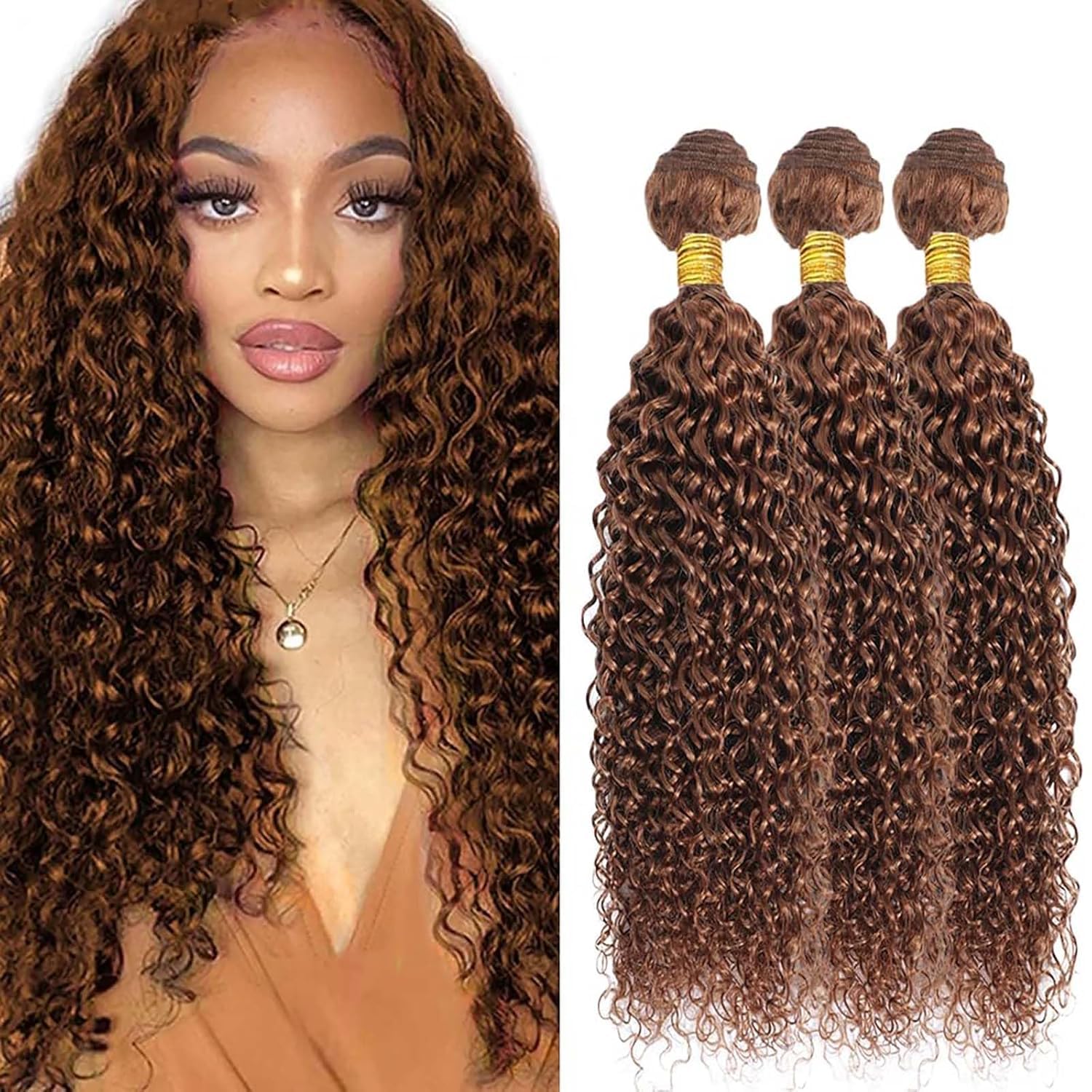 Photo 1 of Giginger Bundles Human Hair 24 26 28 Inch Color 30 Light Brown Jerry Curly Wave Bundles Human Hair Unprocessed Quick Weave Soft Sewn In Hair Extensions for Black Women