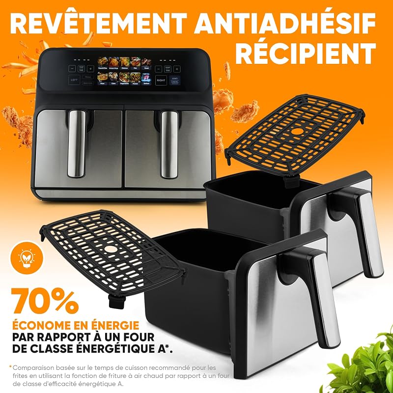 ProfiCook® Friteuse à air chaud | 2 compartiments | 8 litres (2x4 L) | Double compartiment | pas d'huile ni de graisse | Air Fryer | Écran couleur | Double friteuse à air chaud 2200W | PC FR 1287 H