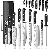 Dfito Chef Knife Set with Roll Bag, 9 Piece Professional Stainless Steel Japanese Kitchen Knife Set with Ergonomic Handle for Professional Chef, Dishwasher Safe, Camping, Travel, BBQ, RV or Gift Black