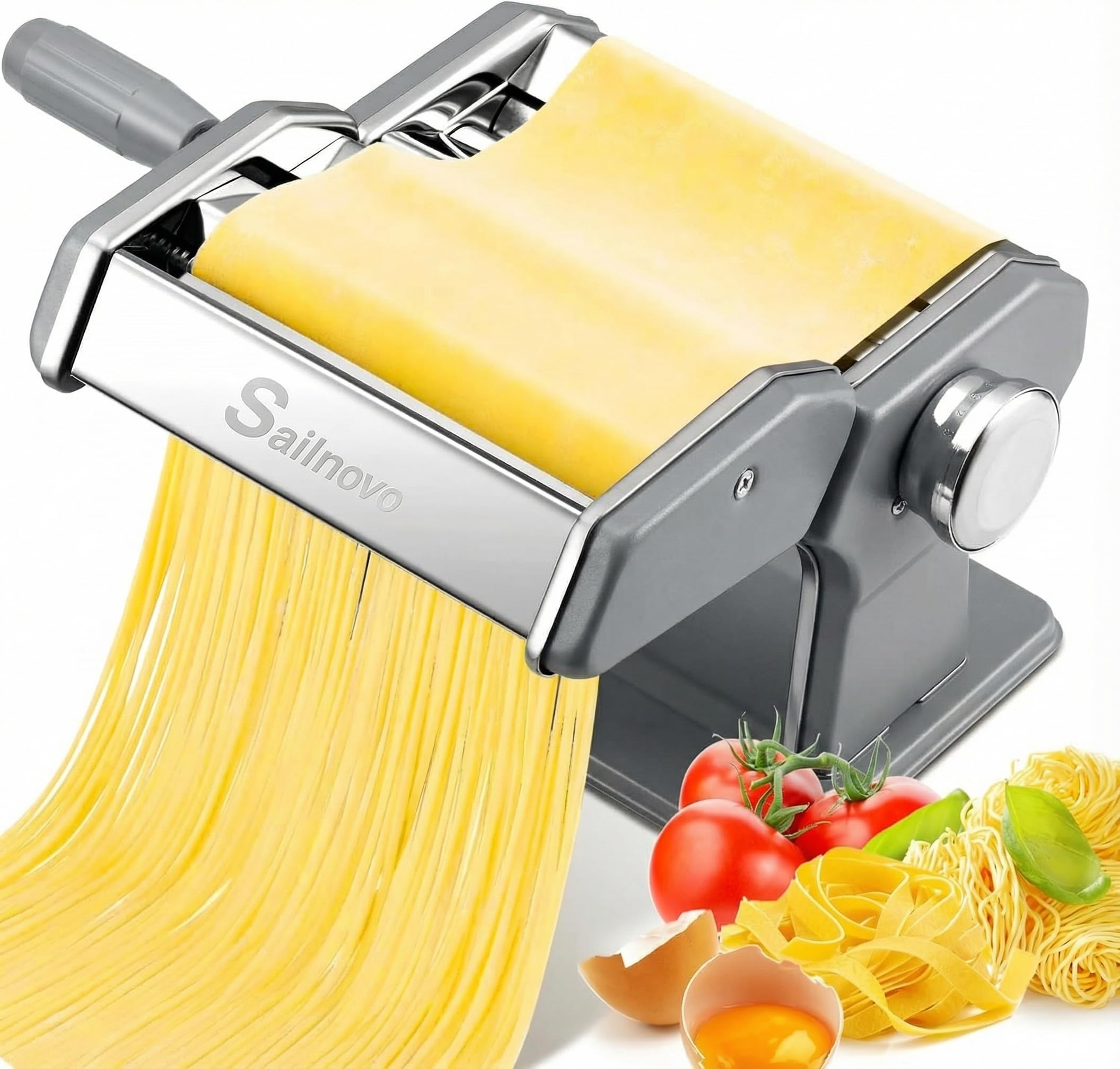 Sailnovo Stainless Steel Pasta Machine - 3-in-1 Pasta Maker Machine with 9 Thickness Settings and 2 Cutting Widths, Pasta Roller & Cutters for Fresh Spaghetti, Fettuccine, Lasagna & Dumplings, Grey