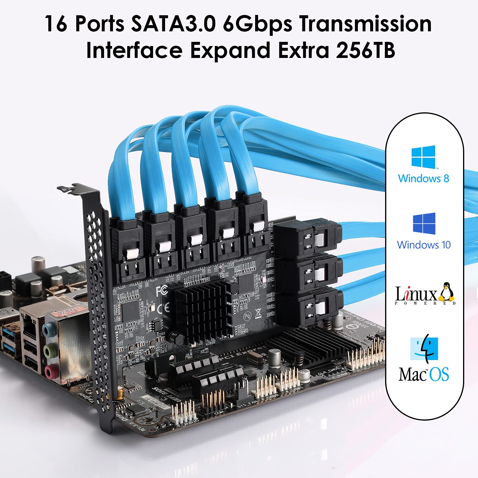 Ybbott 16-Port Pcie Sata Expansion Card Showing All Sixteen Sata Ports And Power Connector
