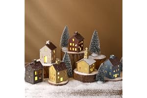 Yalikop 18pcs Wooden Christmas Village Set Colorful Houses and Multicolored Church with Electronic Candle Light and Xmas Tree for Christmas Party Supplies and Holiday Figurines Gift