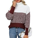 QIANSIQIANBO Womens Turtleneck Sweater Striped Color Block Sweaters Long Sleeve Casual Fall Knit Sweater Chunky Pullover Tops