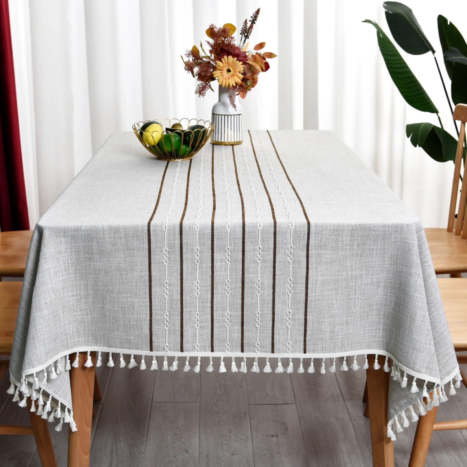 Yofori Heavy-Duty Cotton Linen Tablecloth with Tassels - Washable, Wrinkle-Free, and Reusable - Great for Kitchen, Indoor and Outdoor Dining, and Outdoor Picnics (Khaki, 135 x 250 cm)