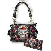 Texas West Women's Embroidered Metal Skull Purse Handbag and Wallet set in 7 colors