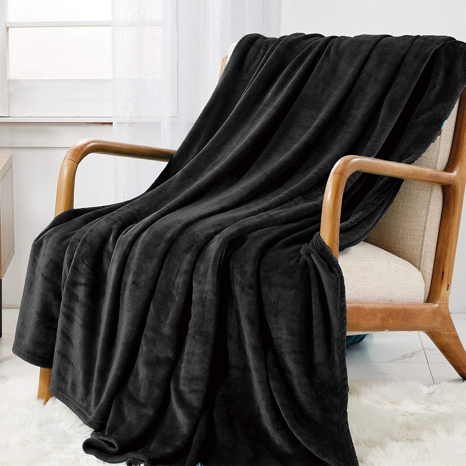 WAVVE Fleece Blanket Sofa Throw Black 5ft x 6.5ft - Fluffy Soft Warm Versatile Blanket for Sofa/Couch/Bed Double/Twin Size, 150x200 cm