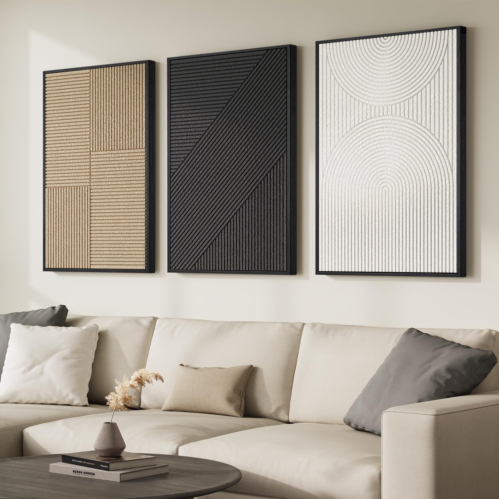 Framed 3D Textured Black and White Abstract Wall Art for Living Room ...