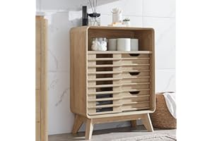 RedLemon Slatted Door Floor Cabinet, Mid-Century Small Bathroom Storage Cabinet w/3 Smooth Sliding Drawers, Adjustable Shelf, Curved Edges & Stable Support Legs for Bathroom, Natural Oak