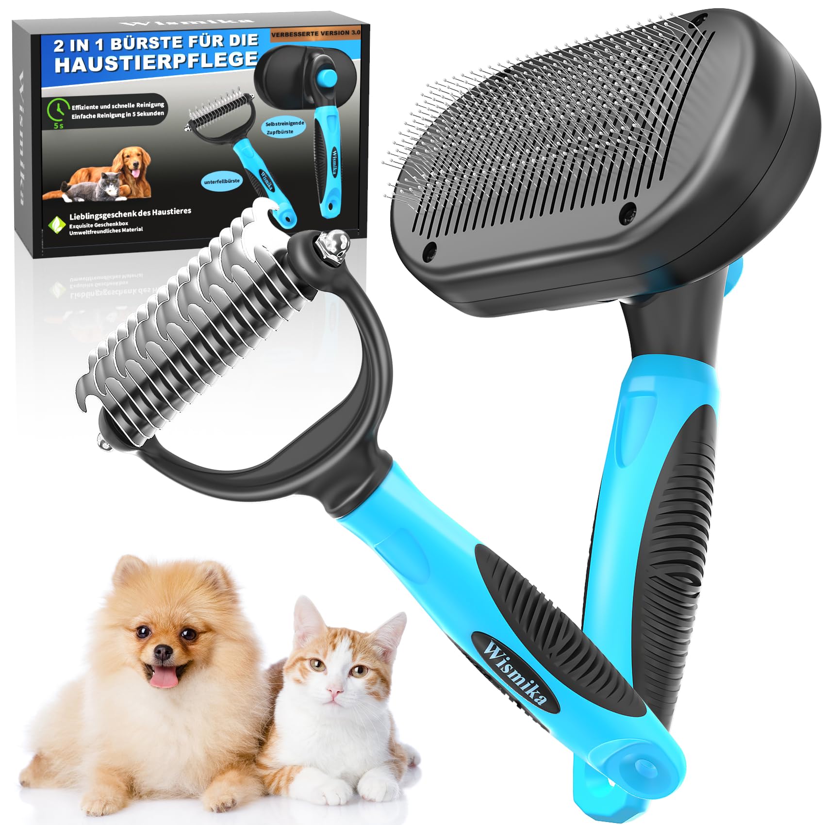 Dog Brush, Cat Brush, 2-in-1 Brush for Pet Care, Pet Hair Brush, Undercoat Brush for Dogs and Cats, Dog Comb, Fur Brush for Long Hair and Short Hair, Self-Cleaning Pet Brush (Blue)
