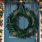 Norme 24 Inch Christmas Peacock Feather Wreath for Front Door Hanging Decor | Blue Green Peacock Feathers Garland Decoration, Hanging Wreath Wall Ornament, Xmas Home Fireplace Window Holiday Party Decor