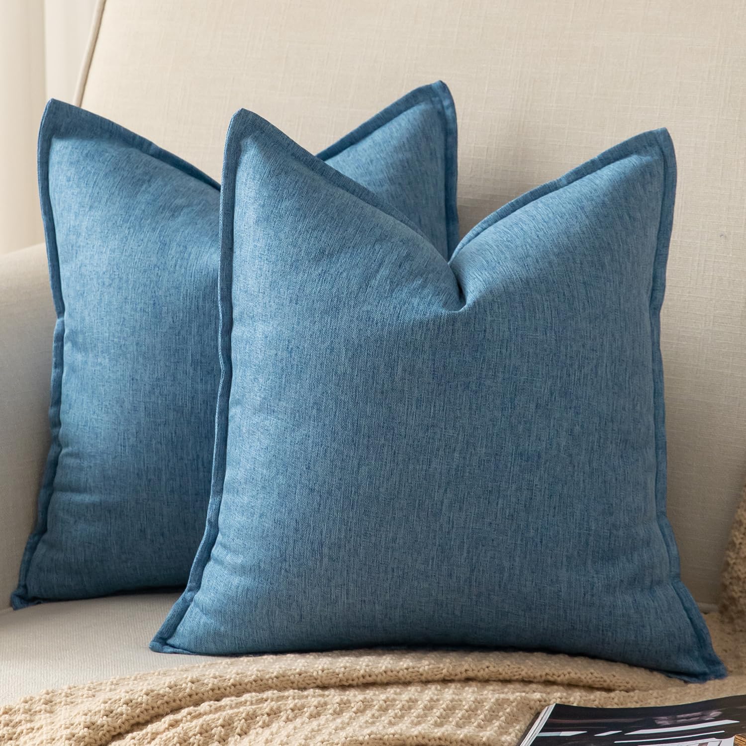 YAERTUN Pack of 2 Decorative Linen Soild Cushion Covers Farmhouse Neutral Throw Pillow Cases for Chair Couch Sofa Bedroom Living Room Home Decor 18 x 18 Inch 45x45 cm Light Blue