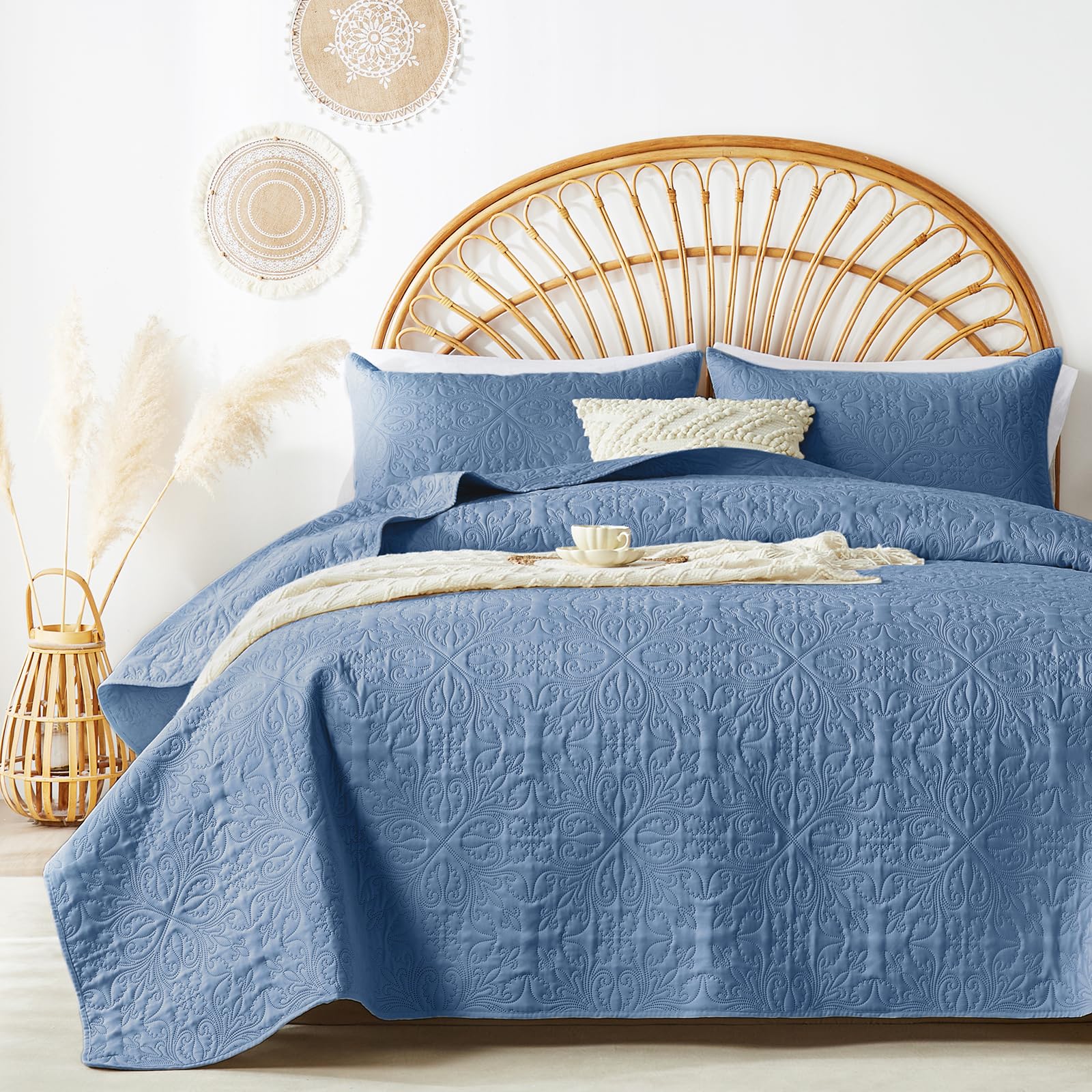 Photo 1 of akkialla King/Cal King Quilt Bedding Set for All Seasons,Lightweight Bluish Grey Bedspreads King Size,Modern Style Microfiber Soft Floral Pattern Coverlet Set(1 Quilt,2 Pillow Shams)