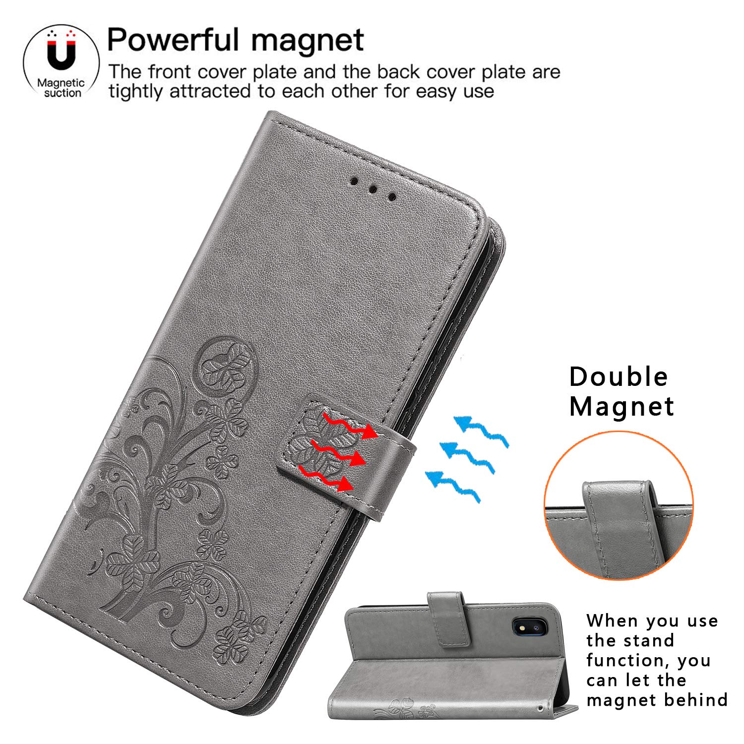 Halnziye Case for Samsung Galaxy A10E, Magnetic Closure Soft TPU Flip Leather Wallet Phone Case with Kickstand Card Slots Designed for Samsung Galaxy A10E Cover (Grey)