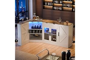 GYFIMOIE L Shape Wine Cabinet with Led Light, 65'' Long Home Bar Unit Liquor Cabinets with Storage Drawers & Doors, White Farmhouse Coffee Bar with Wine Rack & Glass Holder, Corner Kitchen Island for Home