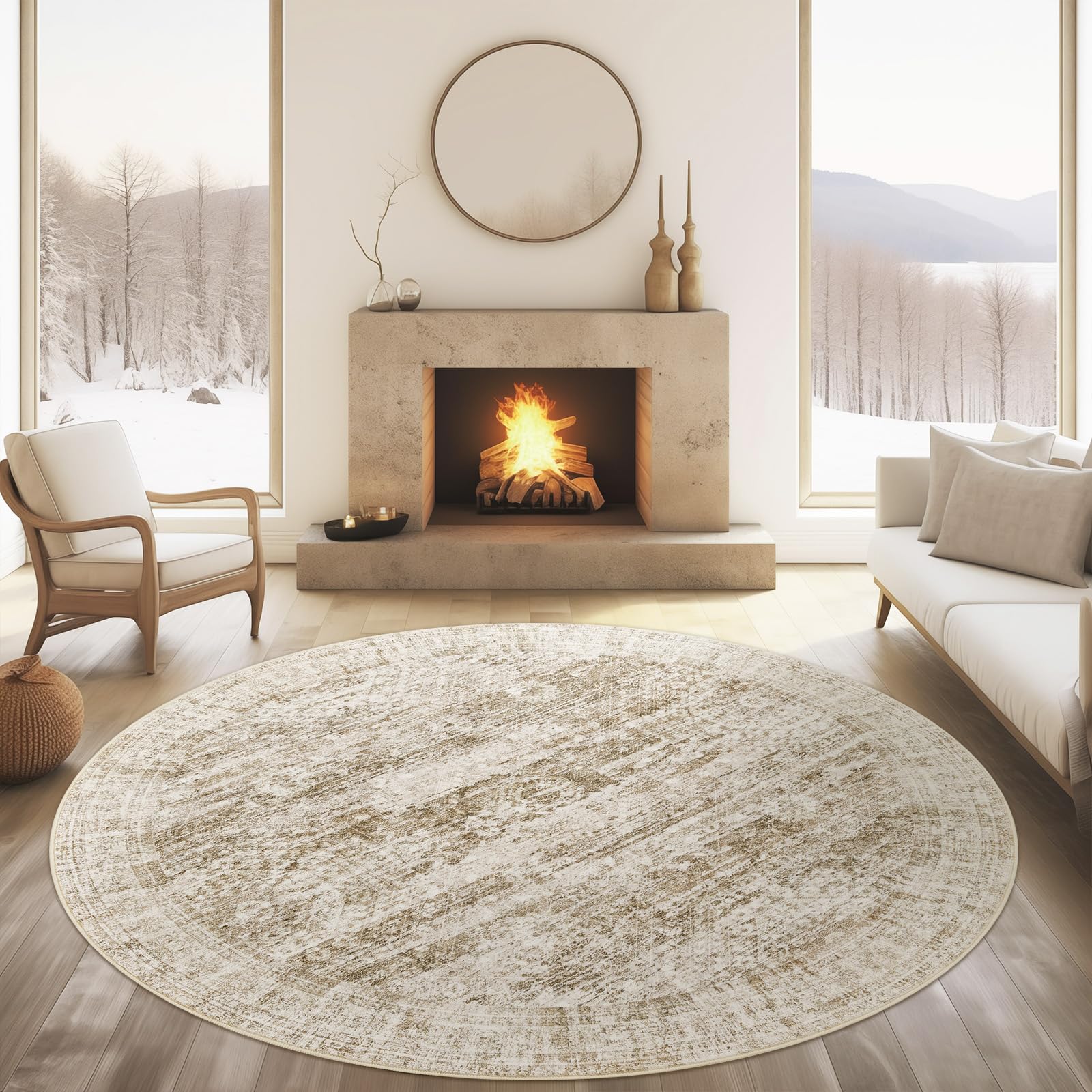 Photo 1 of Soalmost 5x5 Brown Round Rug 5ft Living Room Rug Vintage Round Area Rug Non Slip Indoor Carpet for Entryway Dining Room Bedroom
