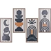 SHENGTIAN Boho Wall Art Set of 4 Modern Minimalist Wooden Narrow Vertical Blue Wall Decor, Abstract Geometric Wood Wall Art, 