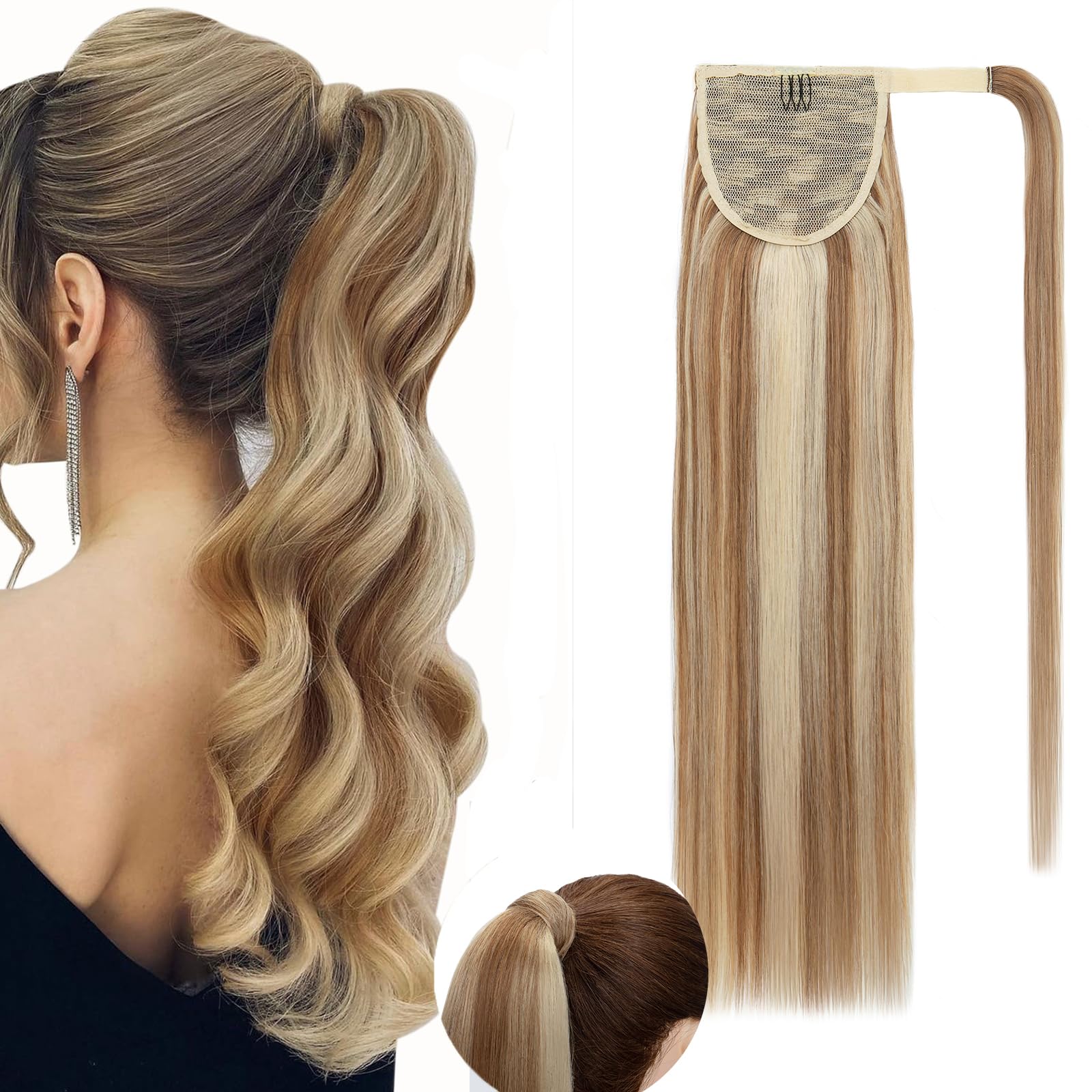 Rich Choices Ponytail Extension Wrap Around Ponytail Hair Extension Straight 22 Inch #12/613 Golden Brown mix Bleach Blonde Remy Human Hair Pieces