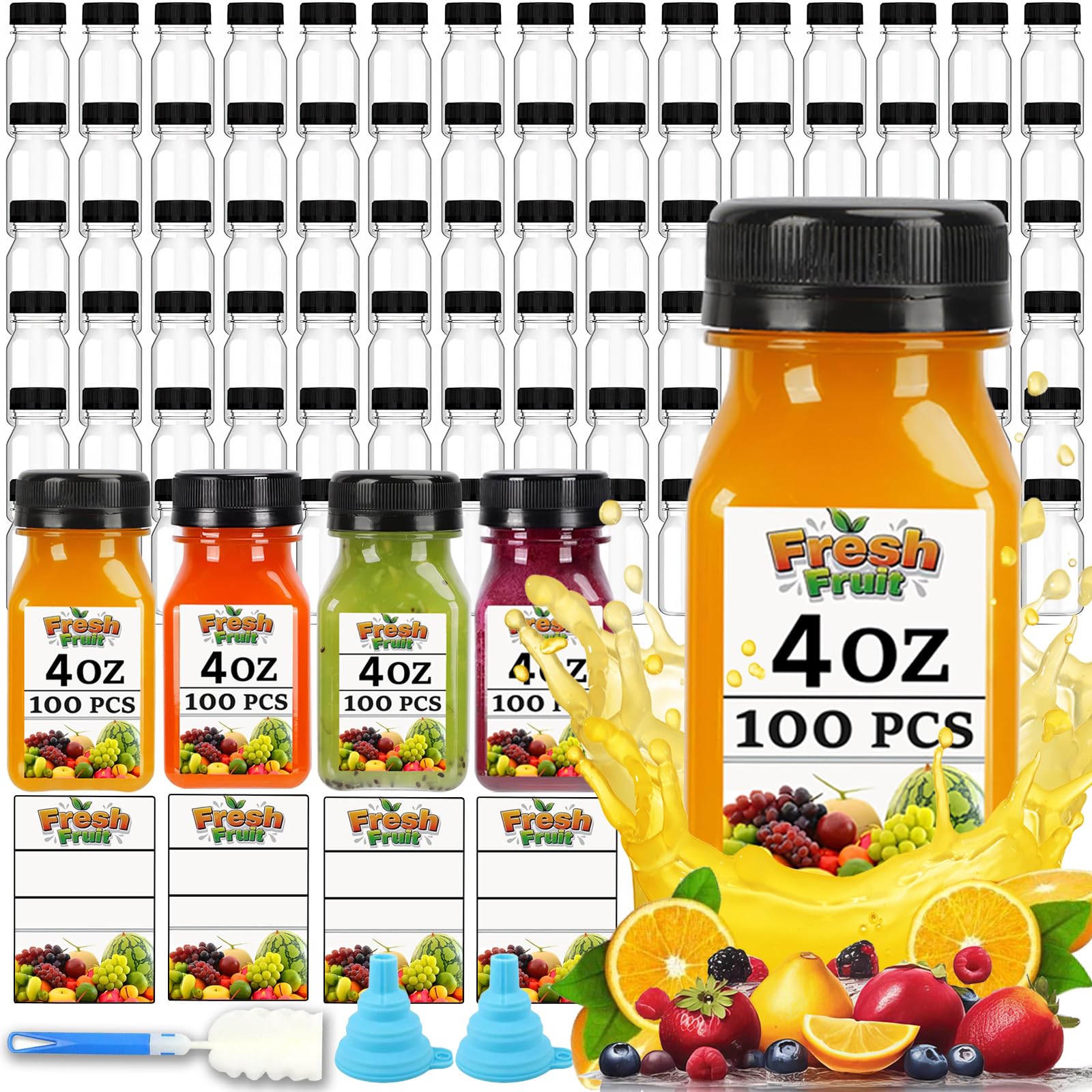 Photo 1 of 100PCS 4OZ Plastic Juice Bottles with Caps, Clear Shot Bottles Reusable Containers with Labels, Funnel and Brush?Suitable for Juice Milk, Tea, Drinking, Smoothie, and Other Beverages? (100, 4, ounces)