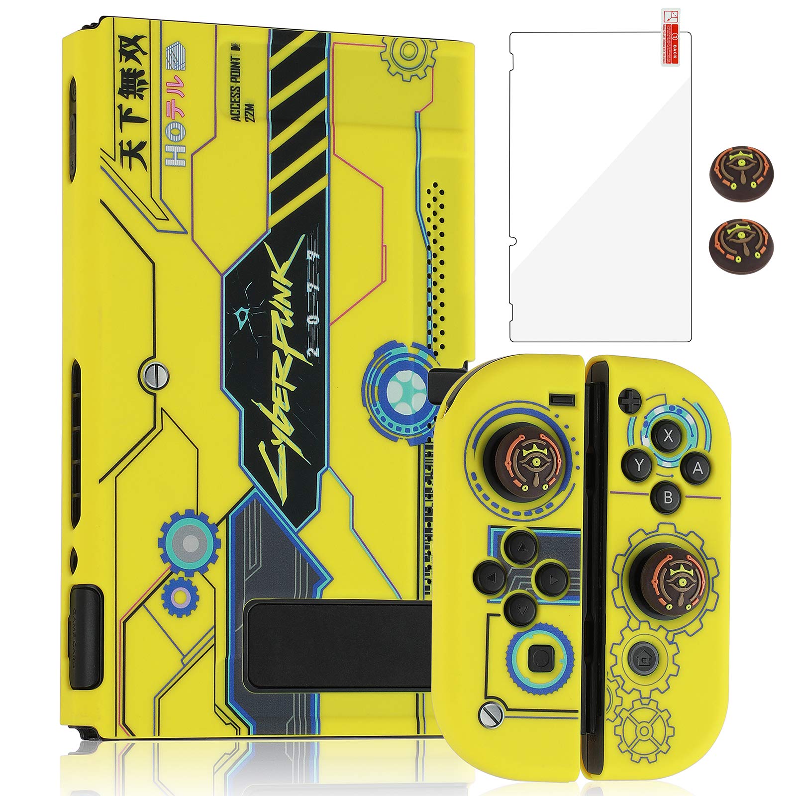 Aphyni Dockable Case for Nintendo Switch, Protective Case Cover for Nintendo Switch and Joy -Con Controllers with 2 Thumb Grips and Glass Screen Protector (CyberpunkYellow)