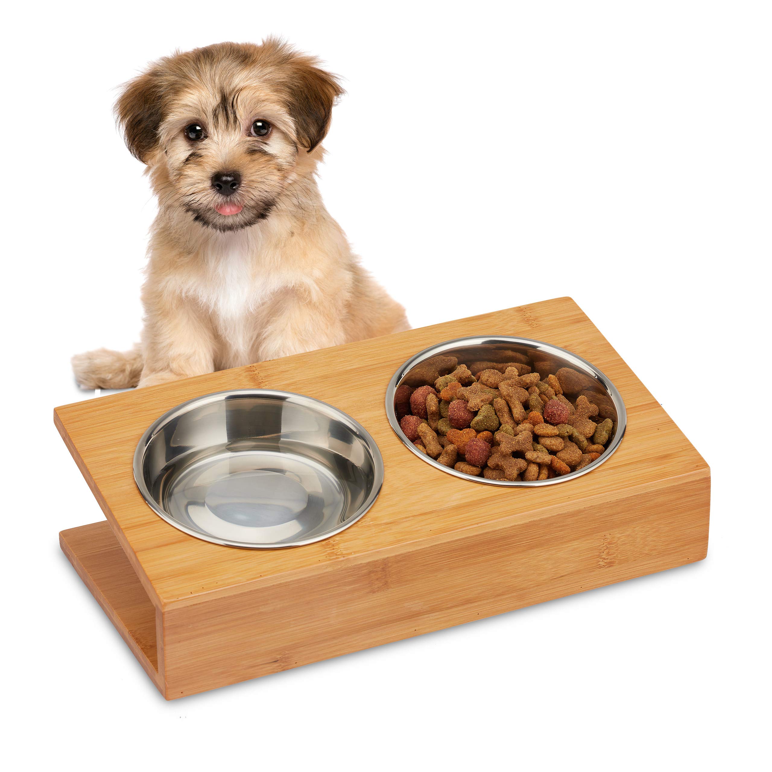 Relaxdays Bowl Holder, Feeding Station for Cats & Dogs, Tilted Stand for Food & Water, HWD 10x33.5x18 cm, Natural