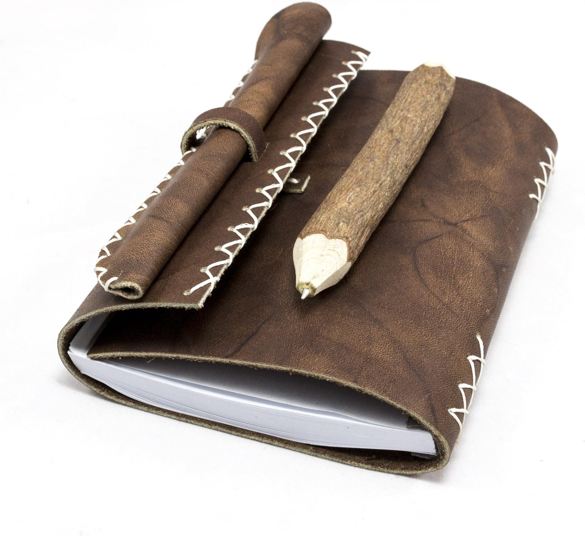 OMAICA Handmade Leather Journal Soft Texture Vintage Look Genuine Leather Refillable for Men and Women Bonus Handmade Leather Pen Case Pine Wood Cover Pen