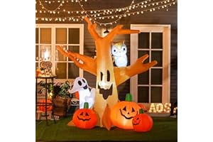 HOMCOM 7.5' Tall Lighted Halloween Inflatables Outdoor Decorations Haunted Tree with Owl, Ghost, Pumpkins, Blow Up LED Yard Decor for Garden, Lawn, Party, Holiday, Waterproof