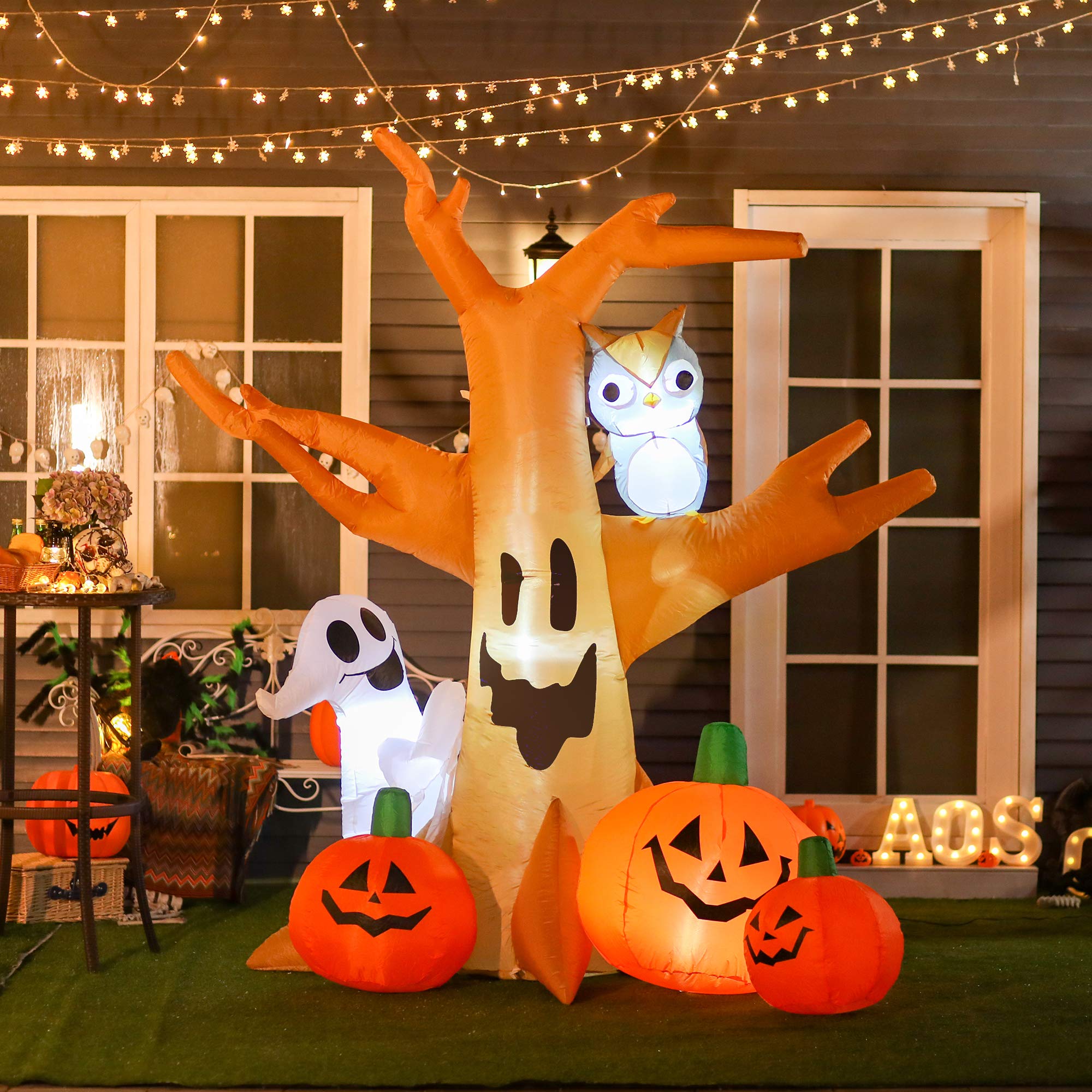 Photo 1 of HOMCOM 7.5' Tall Lighted Halloween Inflatables Outdoor Decorations Haunted Tree with Owl, Ghost, Pumpkins, Blow Up LED Yard Decor for Garden, Lawn, Party, Holiday, Waterproof