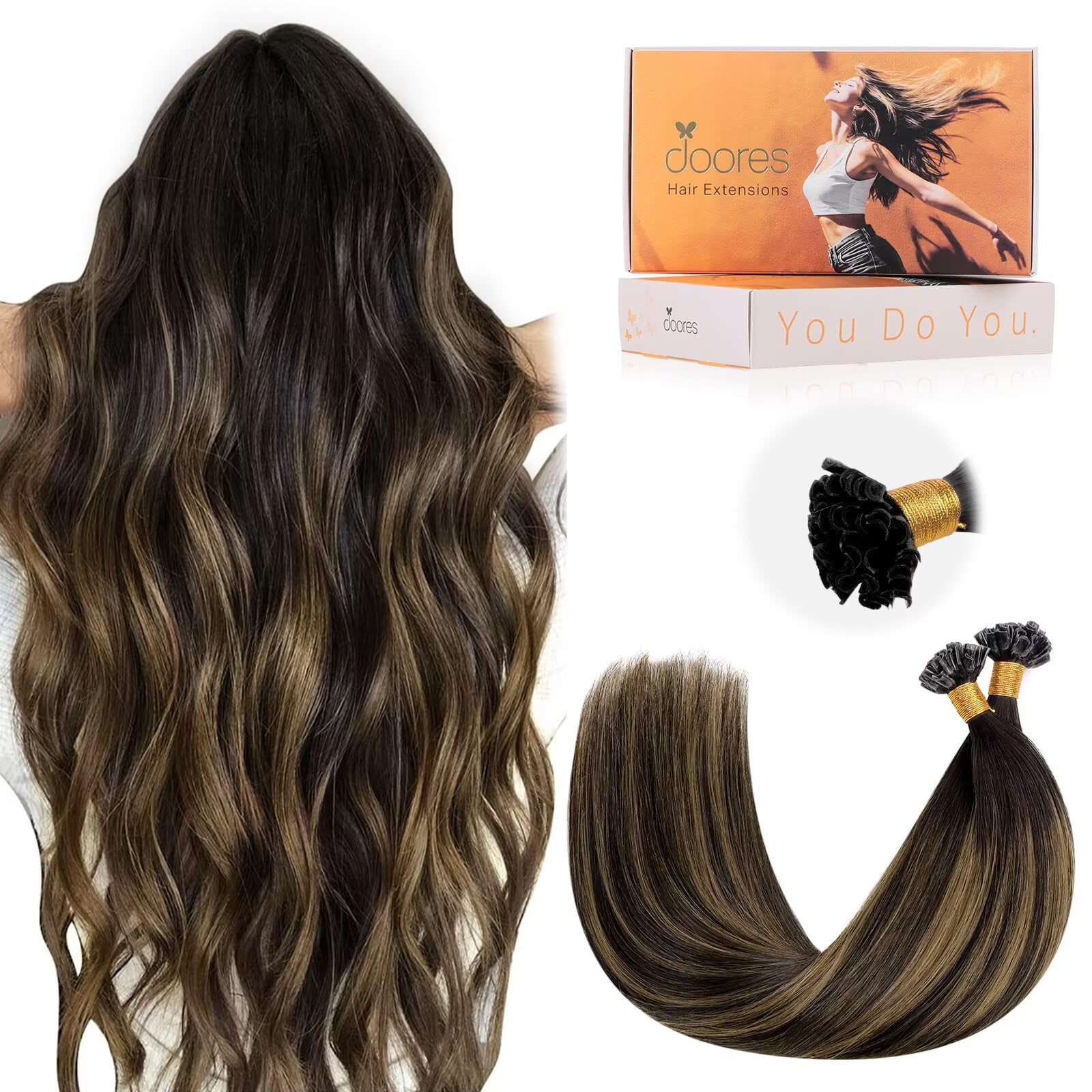 DOORES U Tip Hair Extensions Real Human Hair, Dark Brown to Chestnut Brown 22 Inch 50g 50s, Natural Remy U Tip Ring Hair Extensions Cold Fusion โ image 1