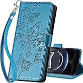 SASYMALY for iPhone 16e Wallet case, Flip Folio Cover with Stand Feature for Women Men, PU Leather Phone Case Fit for iPhone 16e 6.1 Inch [Blue-Butterfly]