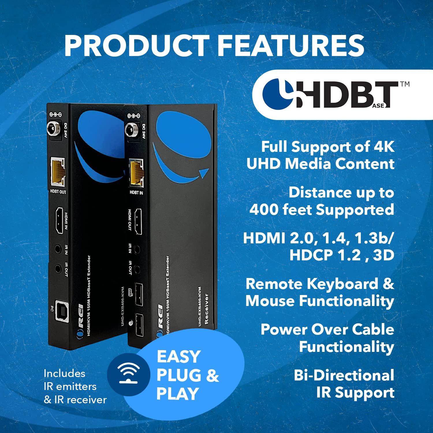OREI 4K@60Hz KVM HDMI Extender Over Ethernet PoC Single HDBaseT CAT5e/CAT6A/CAT7 Cable - Upto 400 feet 4:4:4 - Remote, Keyboard, Mouse, USB Control