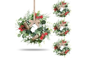 4 PCS Christmas Candle Rings Mini Wreath Pine Garland Artificial Eucalyptus and Snowy Cedar Hanging Candle Rings Holder with 