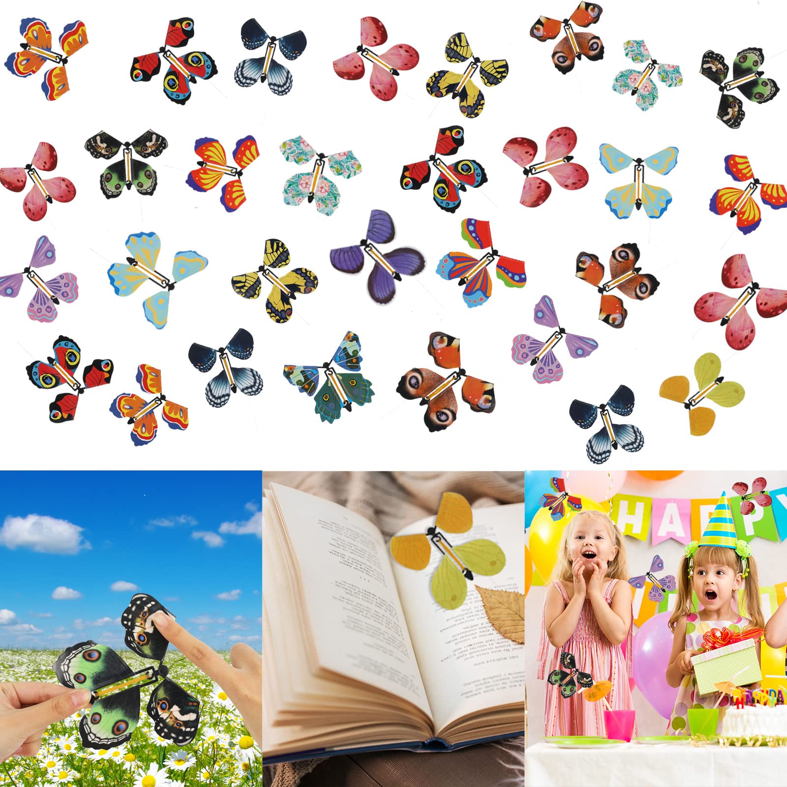 Chenkaiyang 40 Pcs Magic Flying Butterfly, Fairy Flying Toys Rubber Band Powered Wind Up Flying Butterfly Flying Butterfly Cards Butterfly Toy for Book Card Birthday Surprise Gift (20 Styles)