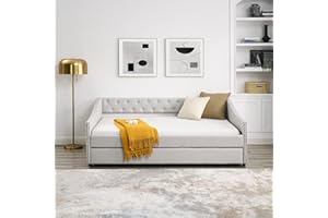 LUSPAZ Full Size Upholstery Daybed with Twin Size Trundle and Headboard, Mid-Century Style Tufted Sofa Bed with Button, Easy Assembly, No Box Spring Required, for Living Room and Bedroom, Beige
