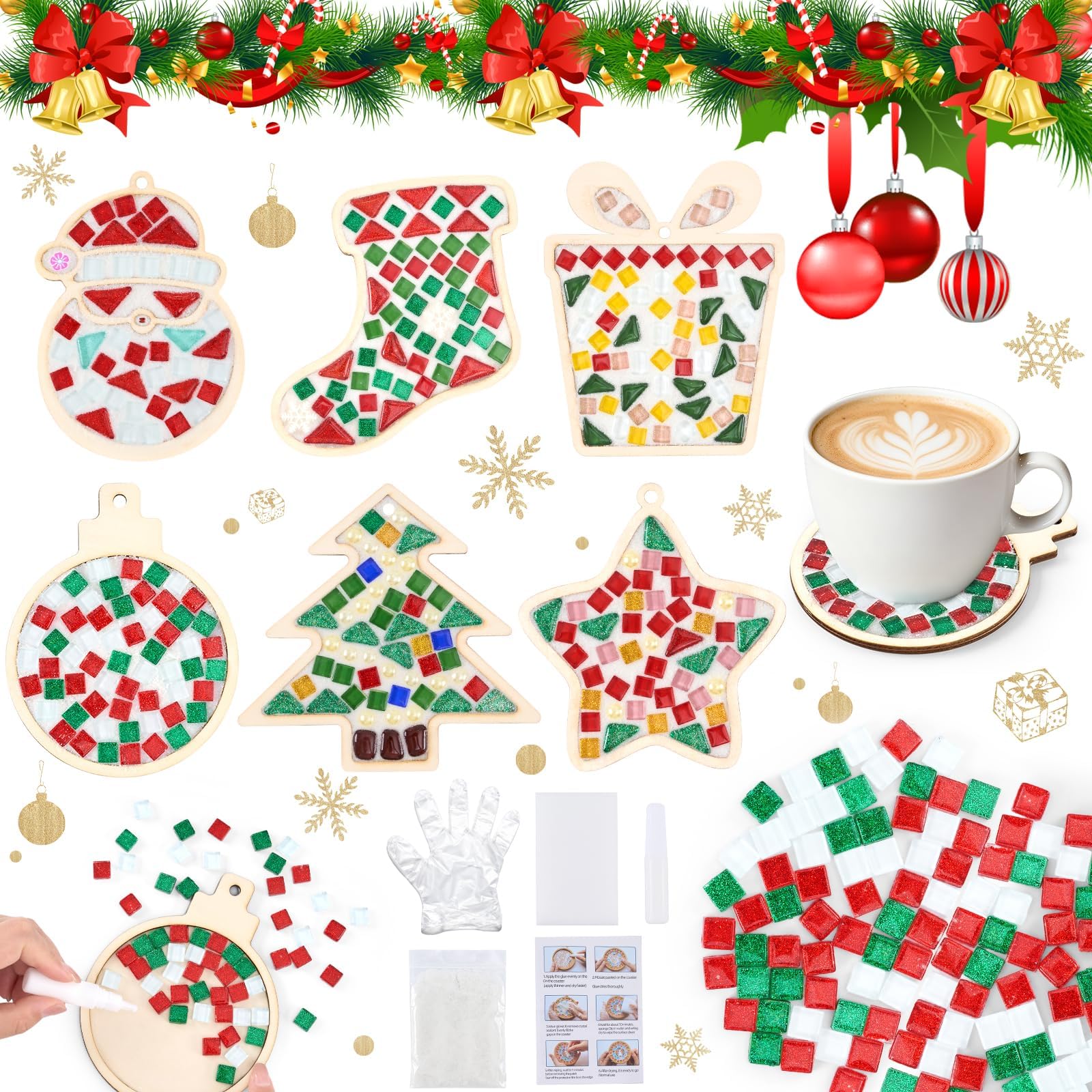 Photo 1 of APUDWN 6 Set Christmas DIY Mosaic Tiles Crafts Kits for Adults Xmas Wooden Coasters with Hole Mixed Color Glass Mosaic Christmas Ornaments Crafts Kits for Holiday Indoor Home Decor Handmade Art Gifts