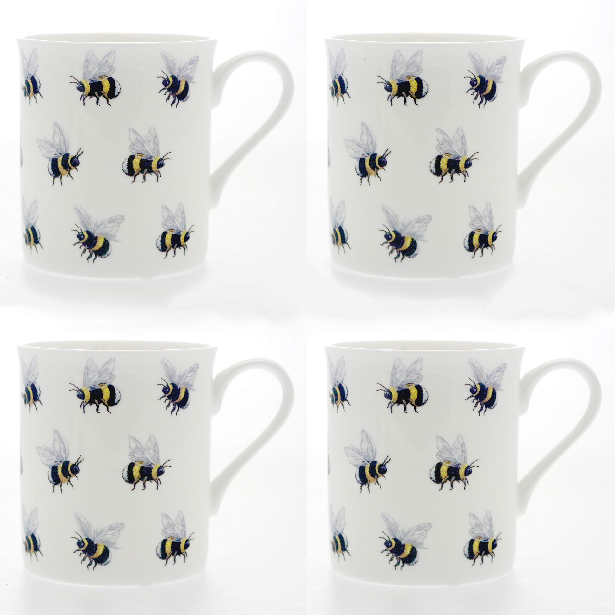 Set 4 Fine Bone China Mugs - Bumble Bees Design