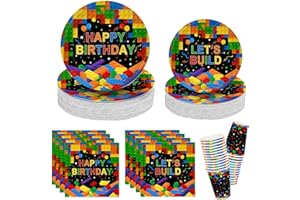 AVQOHE 104 PCS Building Blocks Happy Birthday Decorations Colorful Blocks Party Supplies Set with Birthday Design Includes Disposable Paper Birthday Plates and Napkins, Cups for Boys/Girls, Serves 26…