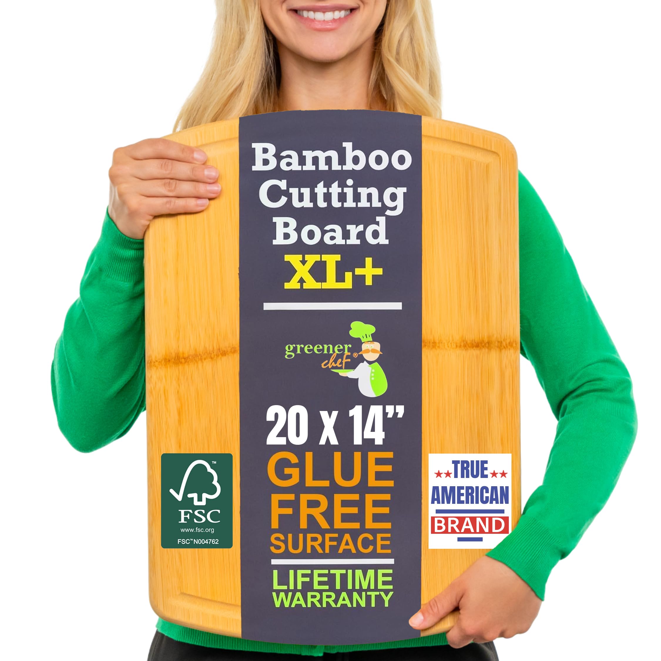 Greener Chef 20 Inch Bamboo Cutting Board Featuring Super-Sized Glue-Free Surface™ – Heavy Duty Butcher Block for Safe Meal Prep, Chopping & Carving with Lifetime Replacements Image
