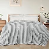 Exclusivo Mezcla California King Size Flannel Fleece Blanket, Super Soft Striped Jacquard Bed Oversized Blanket, Lightweight Fuzzy Cozy for All Seasons, 120x120 Inches, Light Grey