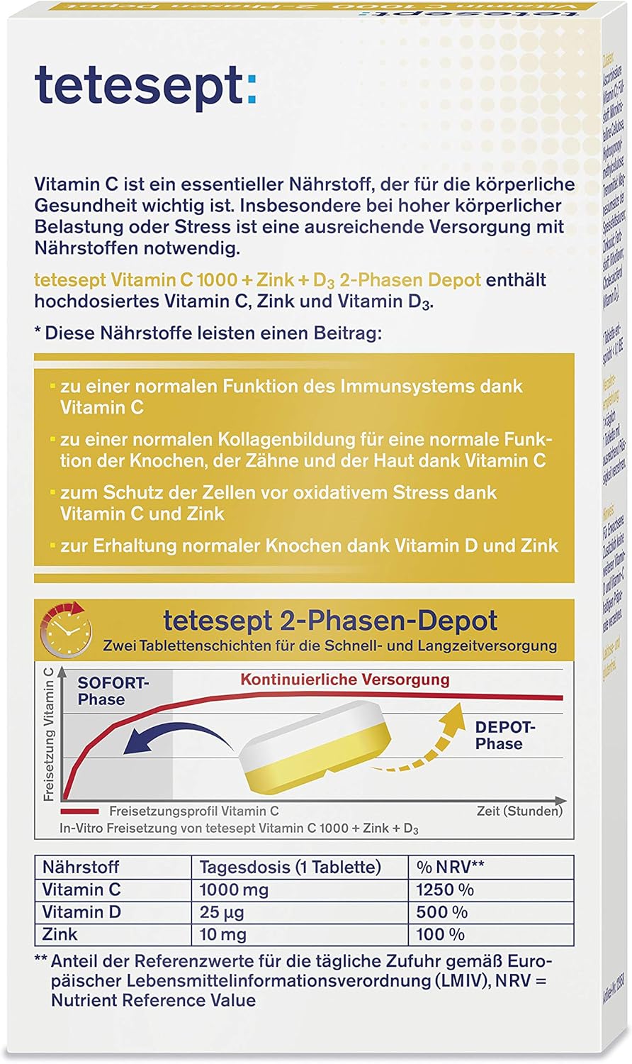 Tetesept Vitamin C 1000 Zinc D3 Supplement For Immune System Cell Protection And Bones 1 X 30 Tablets Amazon De Drogerie Korperpflege