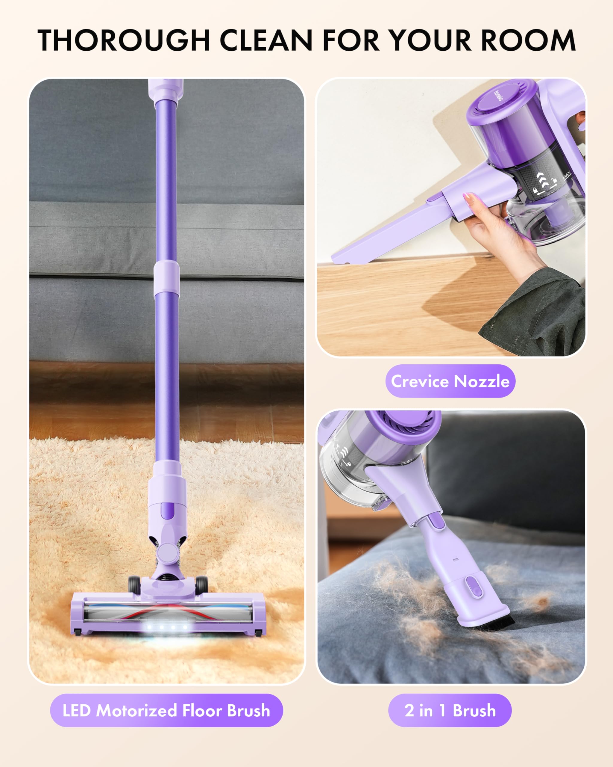 Homeika Cordless Vacuum Cleaner, 28Kpa Powerful Suction, 380W Strong Brushless Motor with 8 in 1 Lightweight Stick Vacuum Cleaner with 50 Min Runtime Detachable Battery for Pet Hair & Carpet, Purple