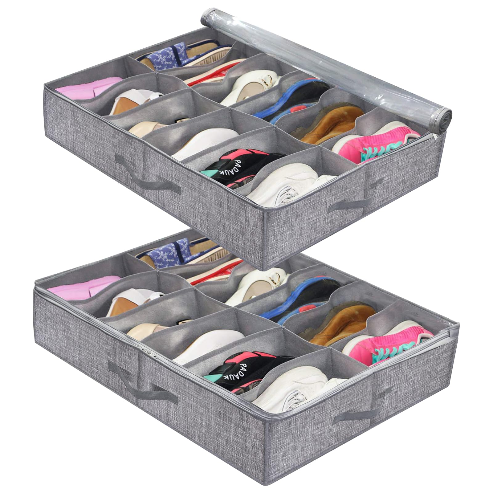 twirush Under Bed Shoe Storage Organiser Set of 2, Fits 24 Pairs Total, Under Bed Shoe Storage Box with Lid, Clear Foldable Fabric Shoe Storage Boxes(Gray)