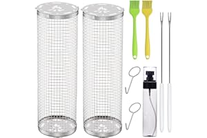 OYLYOYEA Rolling BBQ Basket BBQ Accessories,Round Stainless Steel BBQ Grill Mesh,BBQ Vegetable Slices Basket,Grill Basket Camping Grill,Suitable for Vegetable,Fries,Fish (2Pack Large)