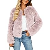 Funlingo Women's Faux Fur Coat Winter Warm Cropped Jacket Trendy Long Sleeve Crew Neck Zip Up Outerwear